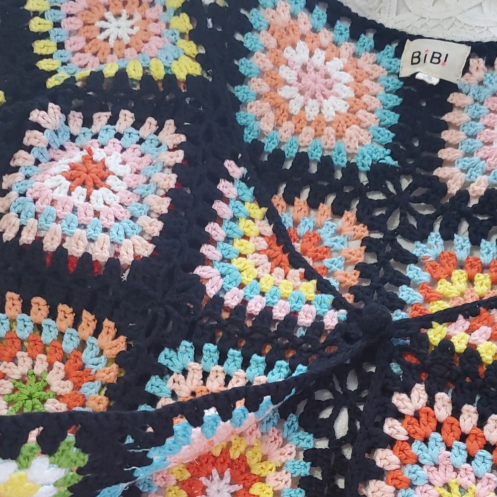 BiBi Black Crochet Granny Square Cardigan with Multicolor Accents - Picture 6 of 6